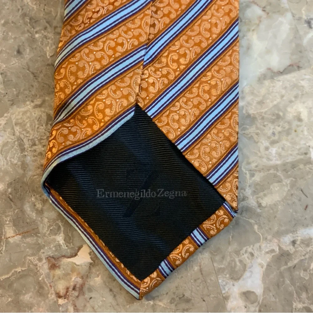 Ermenegildo Zegna Z Orange Silk Tie Men’s Dress Formal Striped Blue Preppy!